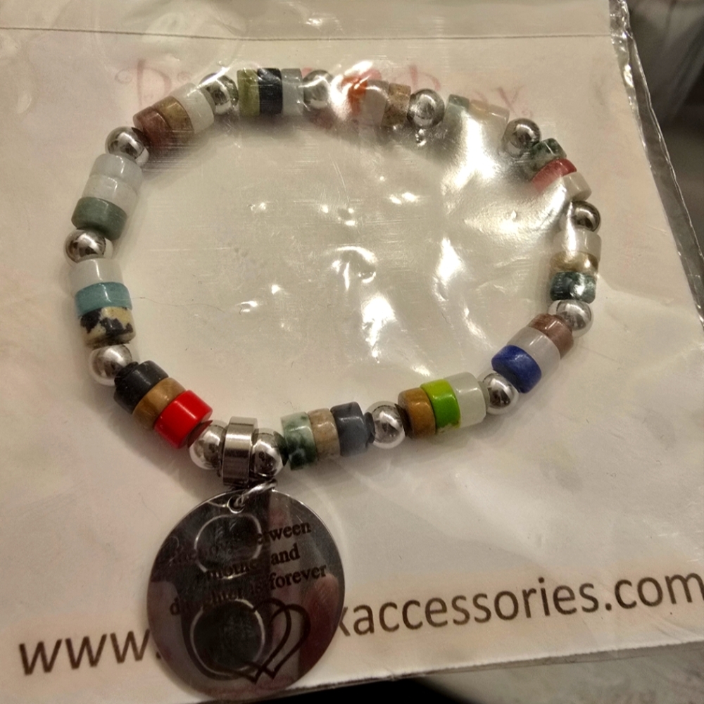 Colorful Beaded Bracelet with Silver Charm "Love Between Mother & Daughter"